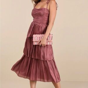 Lulu’s Tennon Dusty Rose Plisse Tiered Midi Dress